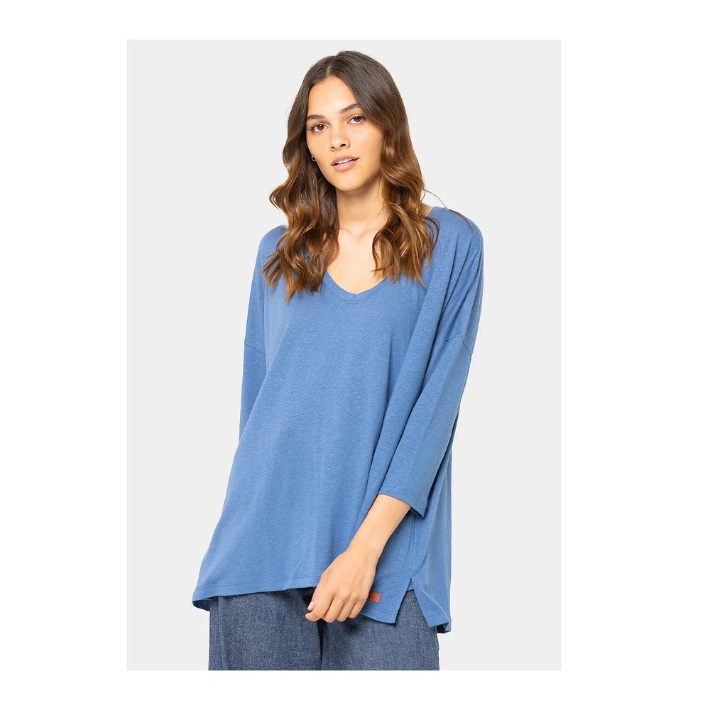 Peace Love World Soft V-Neck 3/4 Sleeve Linen Blend Easy Tee Chambray, L {#126-K
